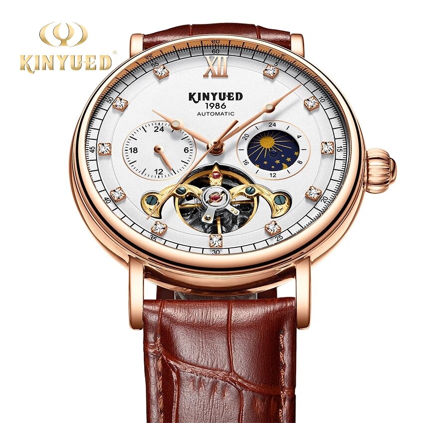 KINYUED-reloj con movimiento mecánico para hombre, Tourbillon, automático, esqueleto hueco, de negocios, reloj luminoso resistente al agua, J053