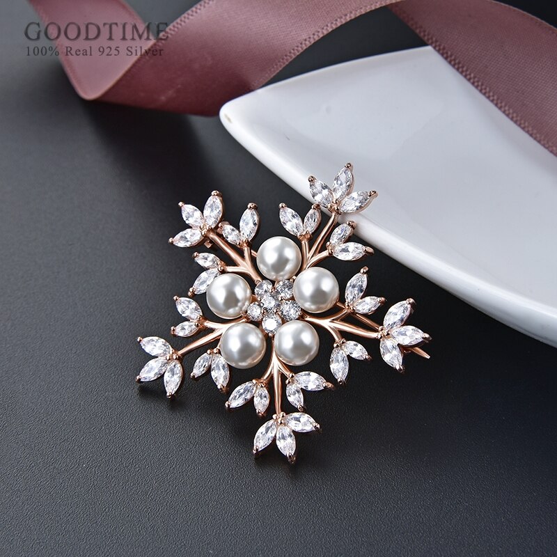 Women Brooch Noble Sterling Silver Brooch With Zircon Snowflake Rhinestone Beads Brooch Jewelry Clothes Pin For Party Dress