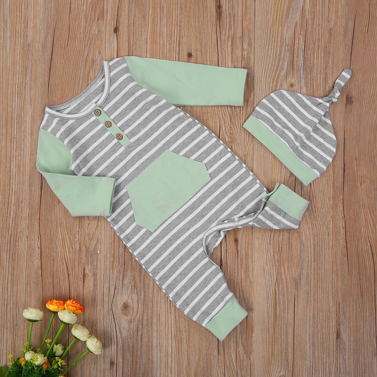 Infant Baby Girl Boy Patchwork Pocket Clothes Set, Babies Grey Stripe Round Collar Long Sleeve Romper + Cap, 3-24 Months