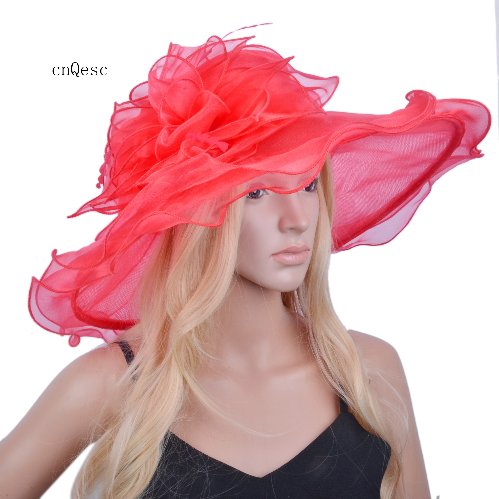 Watermelon pink X Large wide brim Organza Hat Hair Accessory sinamay fascinator for Church wedding,brim width 15.5cm.