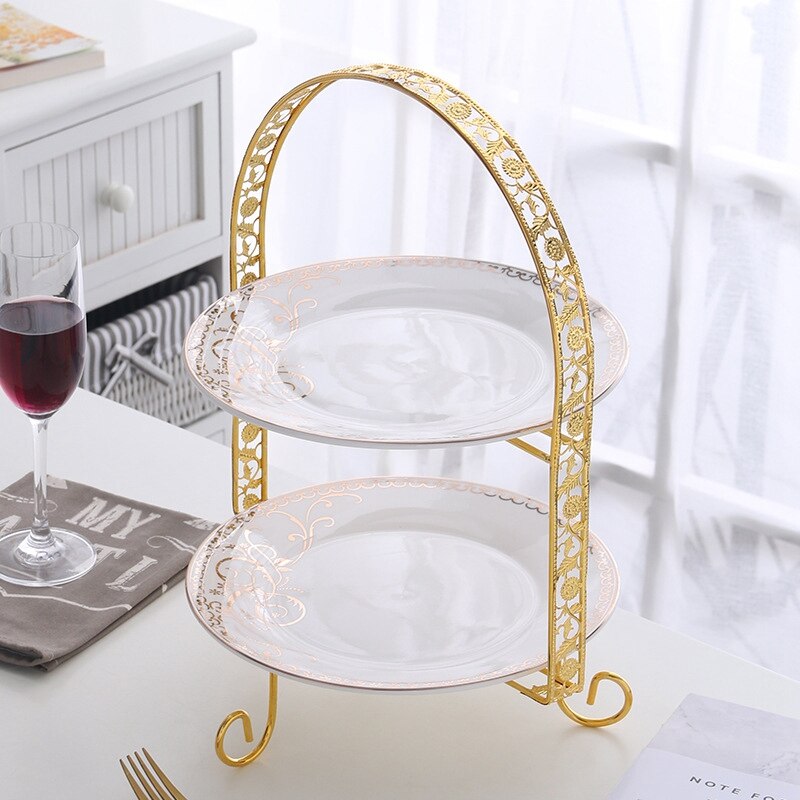 Metalen Cake Stand Double-Layer Boog-Vormige Gouden Fruit Dessert Rack Bruiloft Verjaardag Partij Decoratie Cupcake Stand
