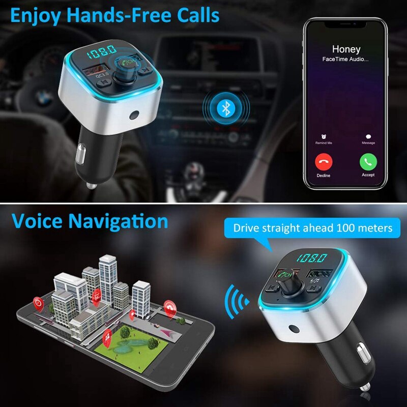 Bluetooth FM Transmitter For Car, 6 Colors LED Backlit Wireless FM ...