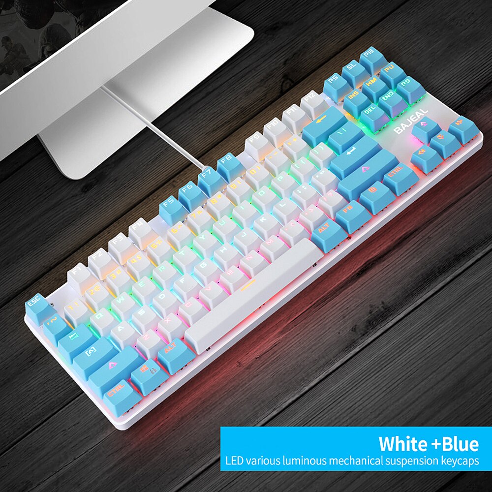 BAJEAL K100 87 Keys Wired Gaming Mechanical Keyboard Mixed Light Mechanical Keyboard with Blue Switch Suspension Button For PC: White Blue