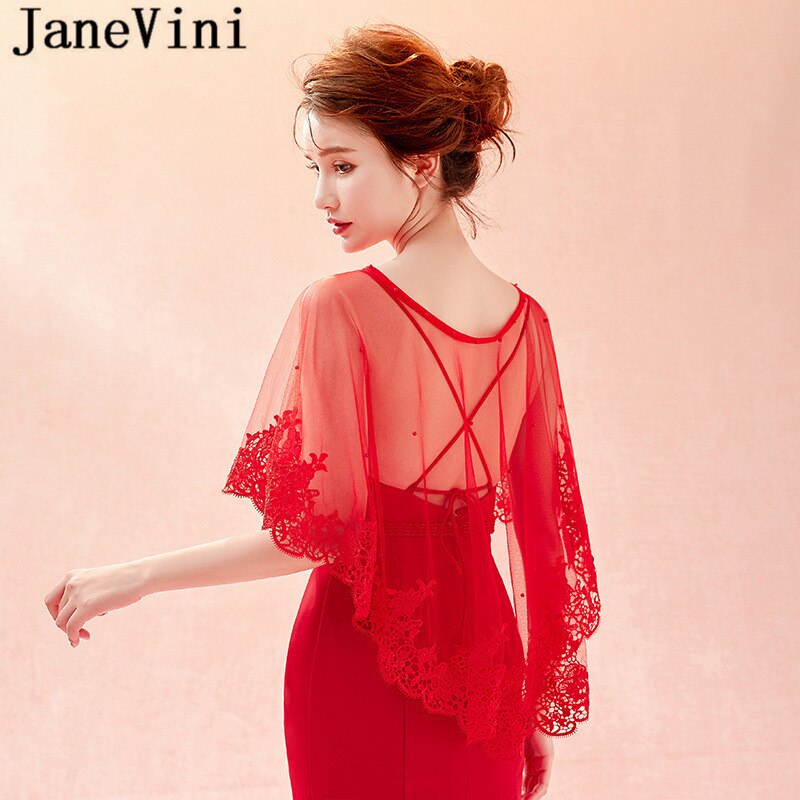 JaneVini Summer Red Lace Bridal Wraps Shawl Bolero Women Coprispalle Tulle Wedding Shawl Boleros Beaded Party Jackets