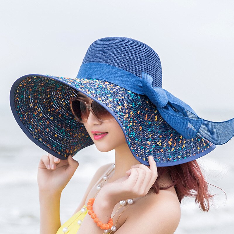 Women Ladies Summer Hats Straw Hats Bow Beach Foldable Sun Hats: Dot Navy