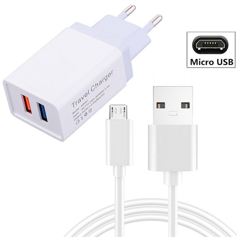 For OPPO Realme X2 Pro XT 5 6 Pro 3 X50 C2 F11 Pro A9 A5 A52 Reno 3 2 Z K1 A1K Dual Ports Wall Charger Charging USB Cable: EU Plug Micro Cable