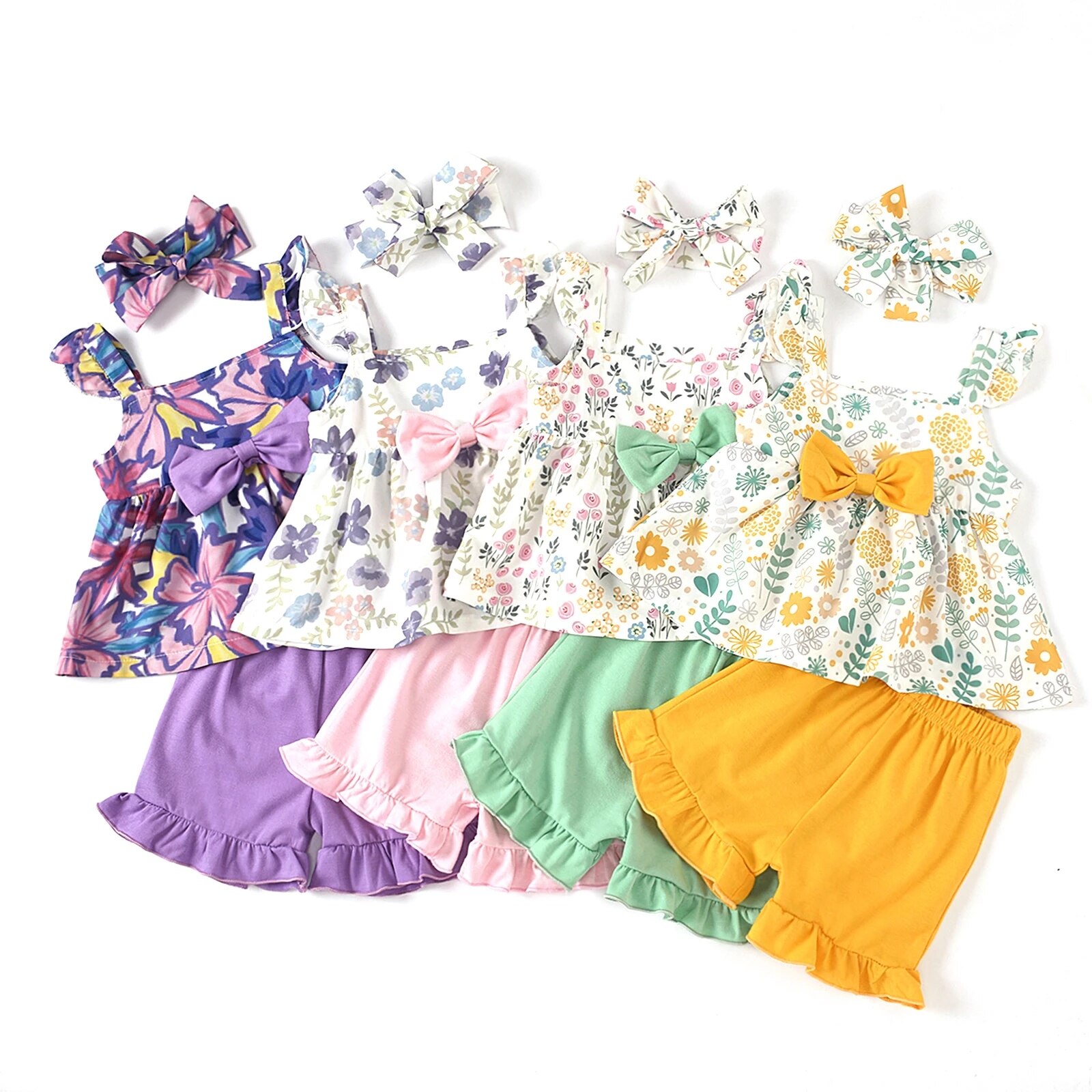 Tenues d'été pour bébés filles, manches volantées imprimées de fleurs, hauts à nœud papillon + Shorts à volants de couleur unie + vêtements à bandeau