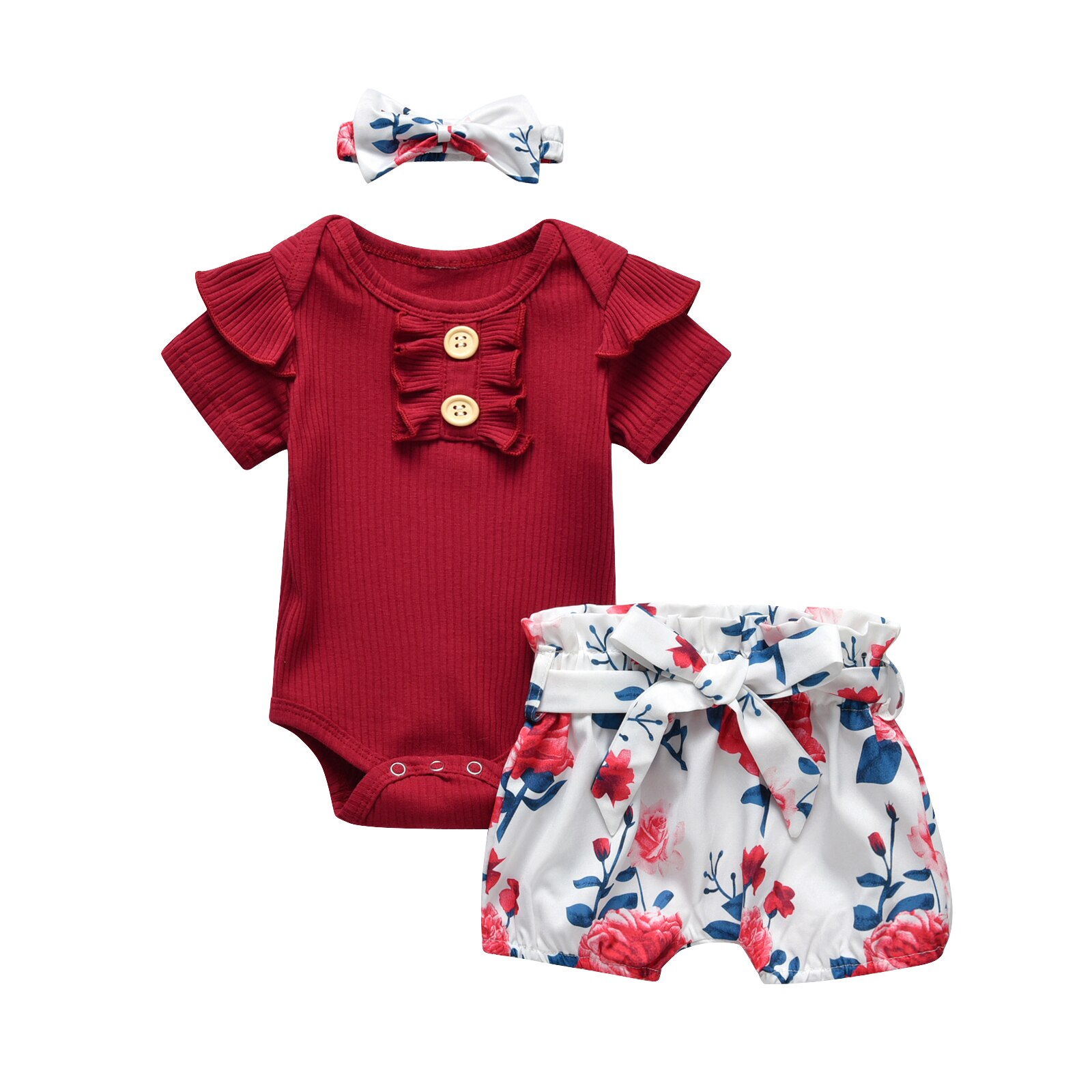 3 -teiliges sommer-kleidungsset für mädchen: einfarbiger kurzarmbody für neugeborene + kurze Hose mit blumenmuster + stirnband: Multi / 12m