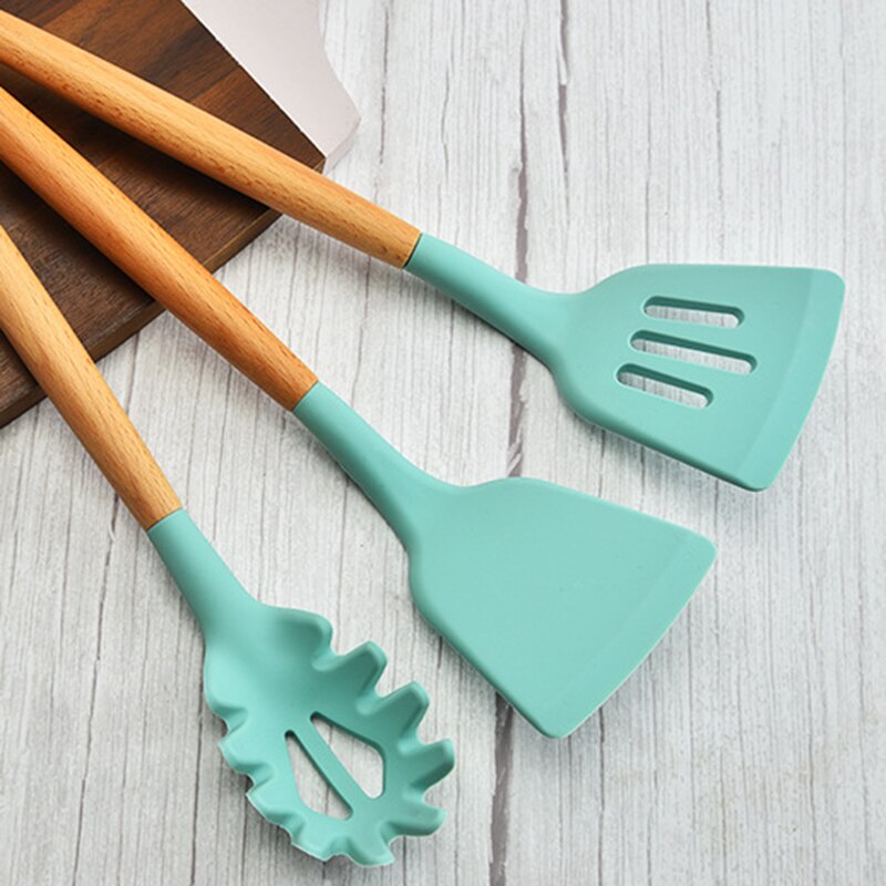 Cooking Utensils Set with Holder for Kitchen Non Stick 11 Pcs Cookware with Wooden Handle Cooking Accessory MAZI888