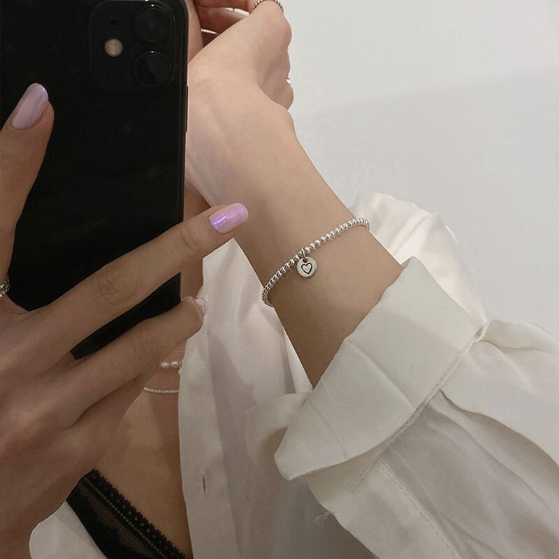 ANENJERY Silber Farbe Geometrische Quadrat Herz Anhänger Armband Einfache Weibliche Perlen Kette Armband