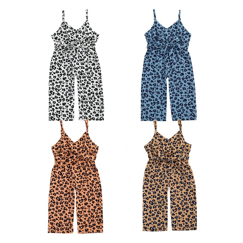 1-6y børn baby piger tøj leopard print overalls casual bukser ærmeløse v-hals bælte sommer romper jumpsuits 4 farver