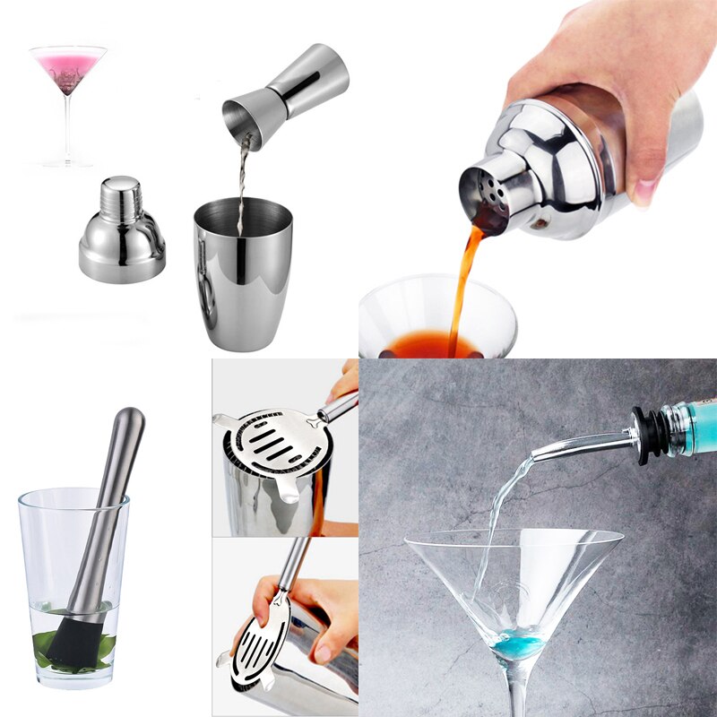 9 Bar Set, Stainless Steel Cocktail Shaker Bar Tools with Stylish Wood Stand