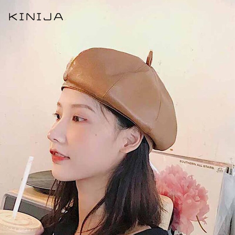 Koreansk efterår og vinter britisk retro baret malers fuld matchende kvindelige pu læder ottekantet maler hat hat