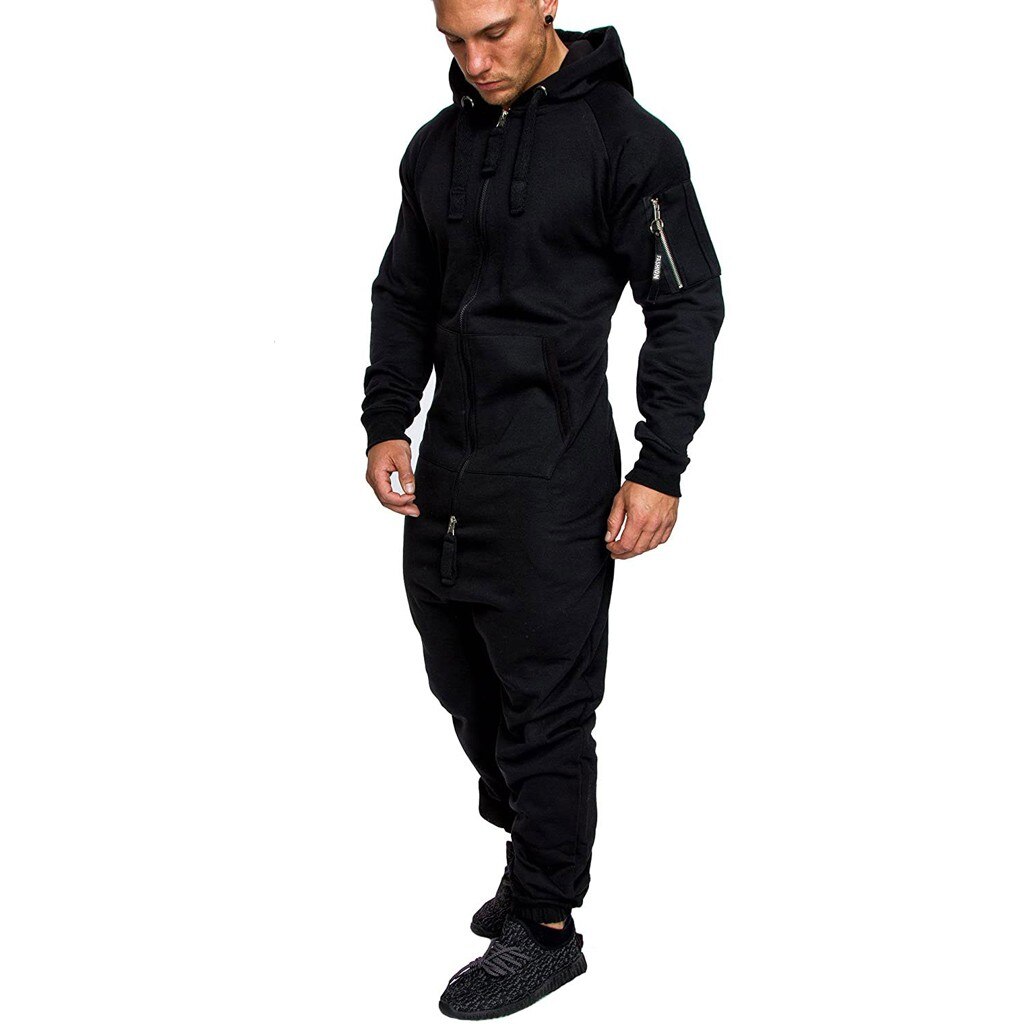 Mannen Pyjama Splicing Herfst Winter Casual Rits Jumpsuit Effen Kleur Losse Een Stuk Katoen Пижамы Сплошные Мужские # T2G: Black  / L