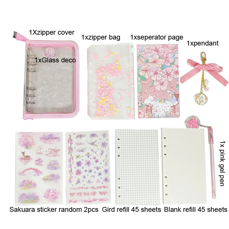 Kawaii Transparent A6 Sakura Zipper Binder Diary Notebook Set Journal Note Book Cherry Blossoms Binder Journals Book Stationery: Zipper cover set