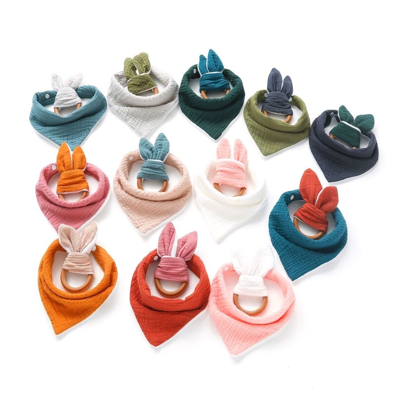 2 Stks/set Baby Jongen Meisje Speeksel Tissue Molars Ring Houten Bijtring Set Katoenen Mousseline Slabbetjes Effen Kleur Burp Doek Driehoekige sjaal