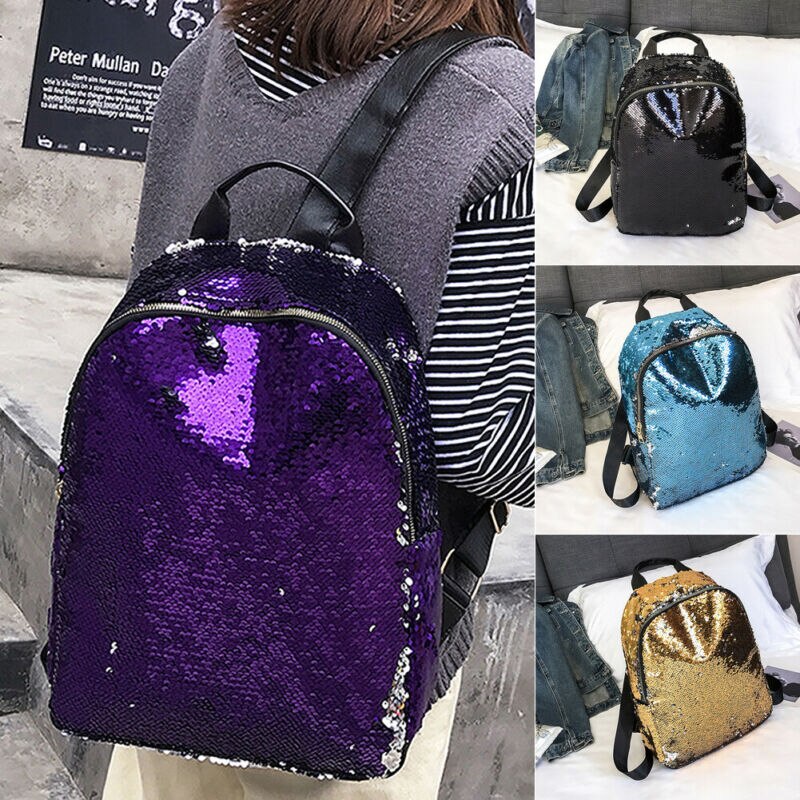 Feminino senhora lantejoulas mochila meninas escola mochila bolsa de ombro de viagem