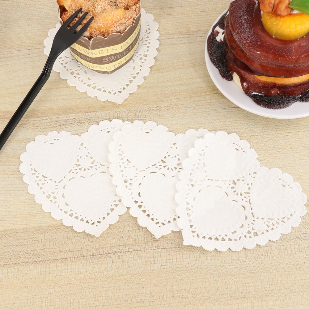 200 blätter Weiß 4 Zoll Herz bilden Spitze Deckchen Öl-Absorbieren Einweg Kuchen Kasten Liner Aushöhlen Verpackung Papier Pad