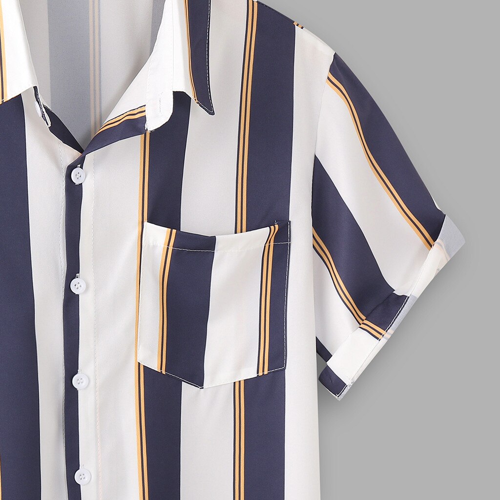 Mannen Shirt Zomer Top Casual Korte Mouw Gestreepte Print Knoppen Met Zakken Turn Down Kraag Losse Cool Strand Shirts camisas