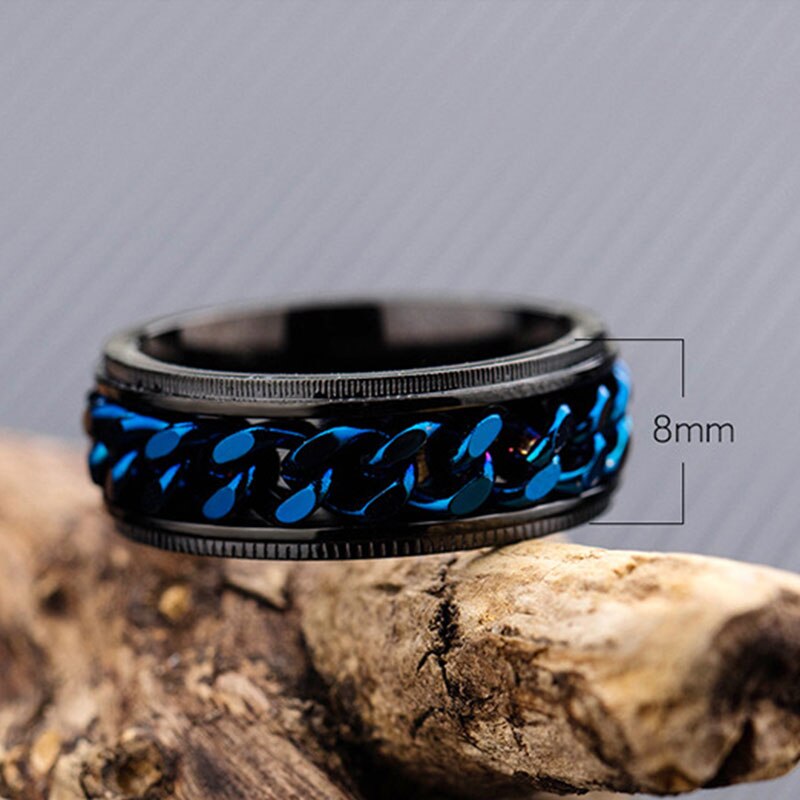 8mm Blue Spinner Chain Band Men's Stainless Steel Wedding Black Ring Party Jewelry Accessories Size 6-13