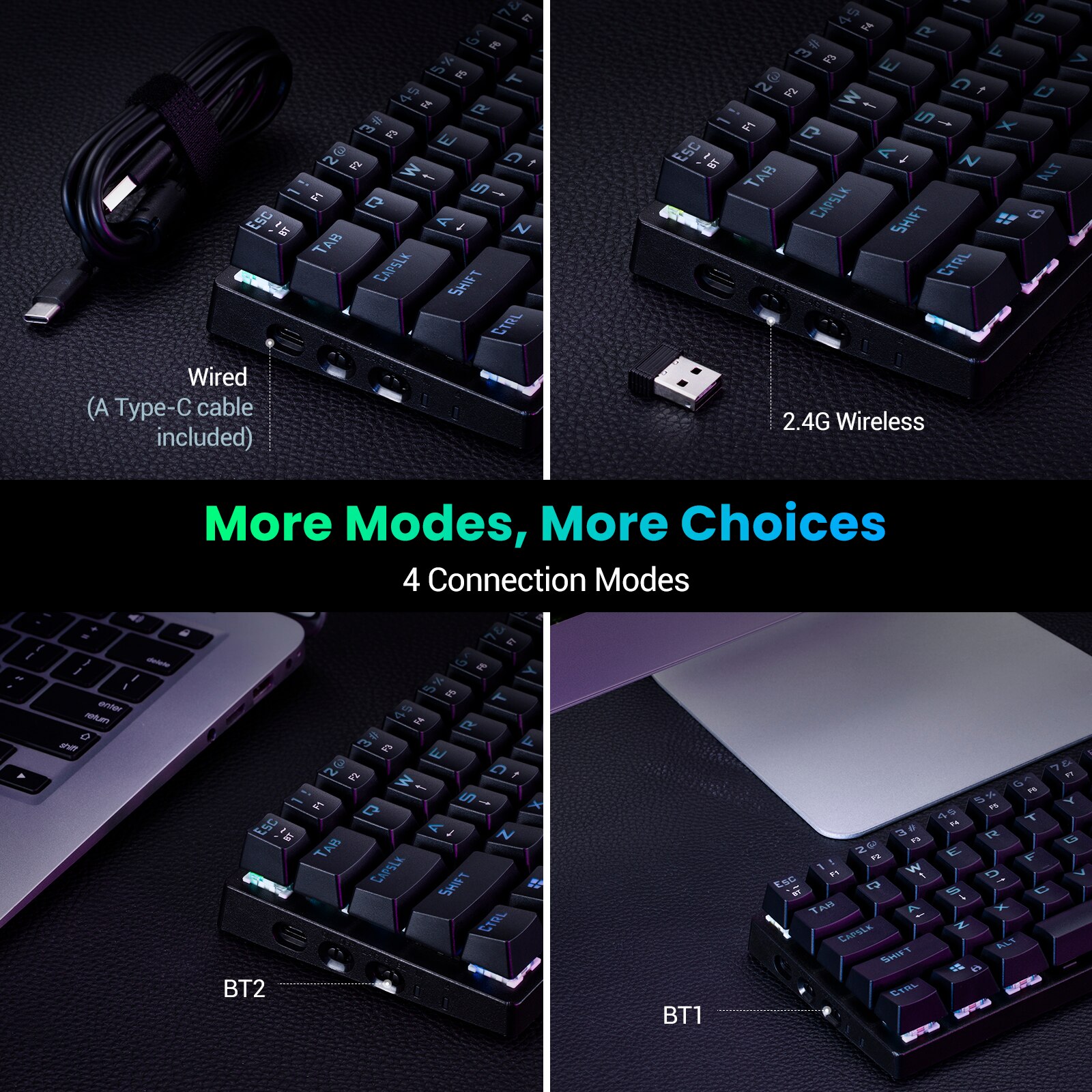 VicTsing-Teclado mecánico inalámbrico para videojuegos, dispositivo con Bluetooth/2,4 Ghz, 60% RGB, tres modos conectables, con interruptor azul