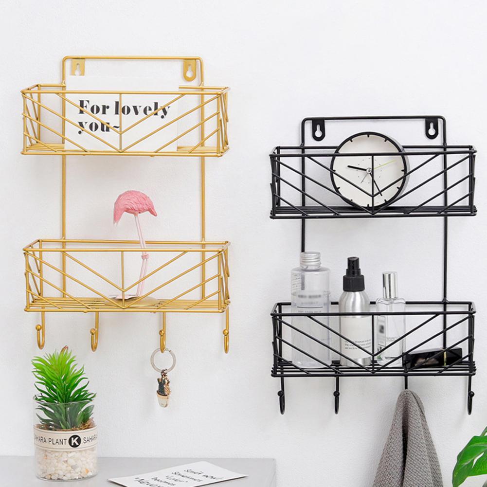 Wall-Mounted Storage Rack Double Layer Load Bearing Wall Hanging Iron Storage Rack Organizer with Hanger for Bathroom Home