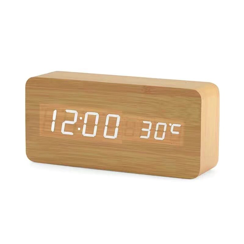 Led træ vækkeur ur bord stemmestyring vågne lys digitalt træ ur alarm usb/aaa powered ure bord boligindretning: L lysebrun hvid