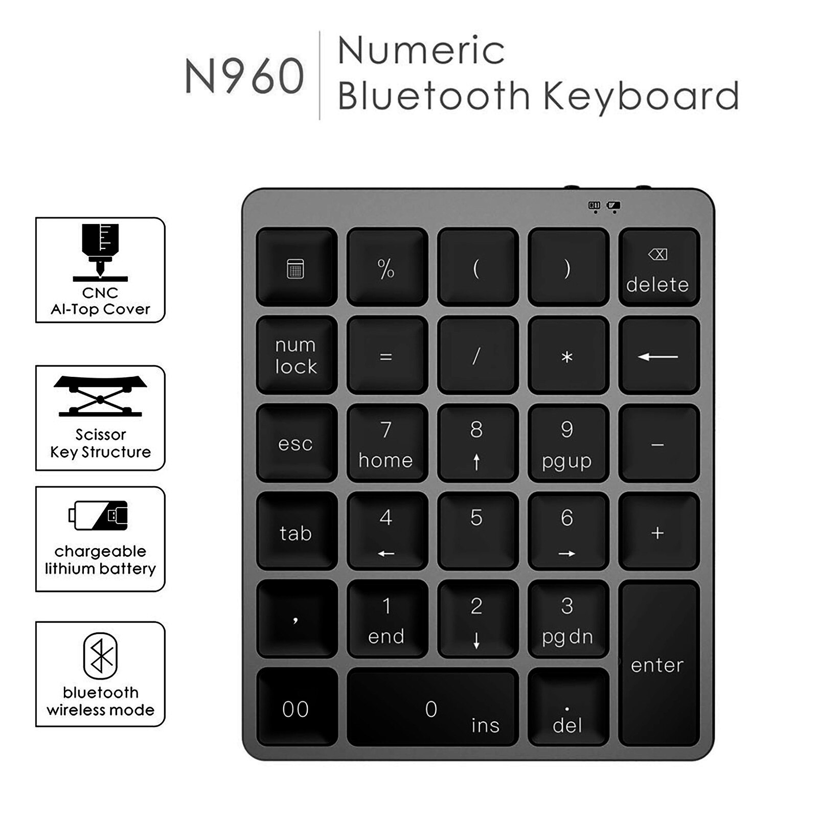 Wireless Bluetooth Numeric Keypad Rechargeable, 28-Key Number Pad with Multiple Shortcuts for Tablet Laptop Notebook PC Desktop