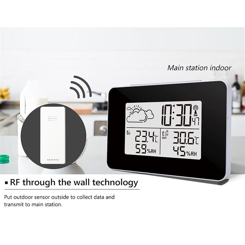 Wireless Weather Station Clock Thermometer LCD Digital Screen Outdoor Forecast Sensor Snooze Clocks Battery Power Hygrometer: black
