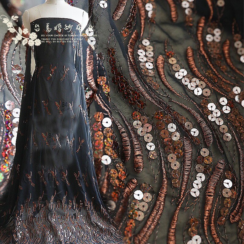120*100Cm Zwarte Lovertjes Embroiderd Lady Prom Dress Applique Diy Hoofdtooi Sluier Kant Stof Patch Gordijn