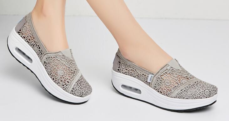 Women's Casual Shoes Platforms Slip On Breathable Mesh Cushioning Walking Toning Shoes Wedges: Gray / 39