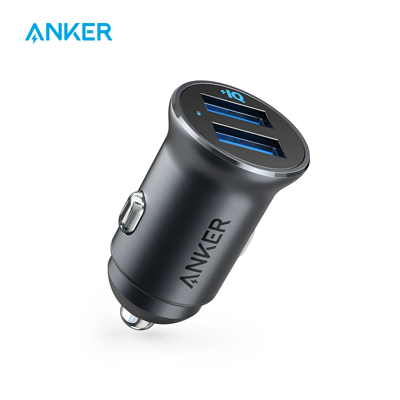 Anker Autolader, Mini 24W 4.8A Metalen Dual Usb Autolader, powerdrive 2 Legering Flush Fit Auto Adapter Met Blauwe Led