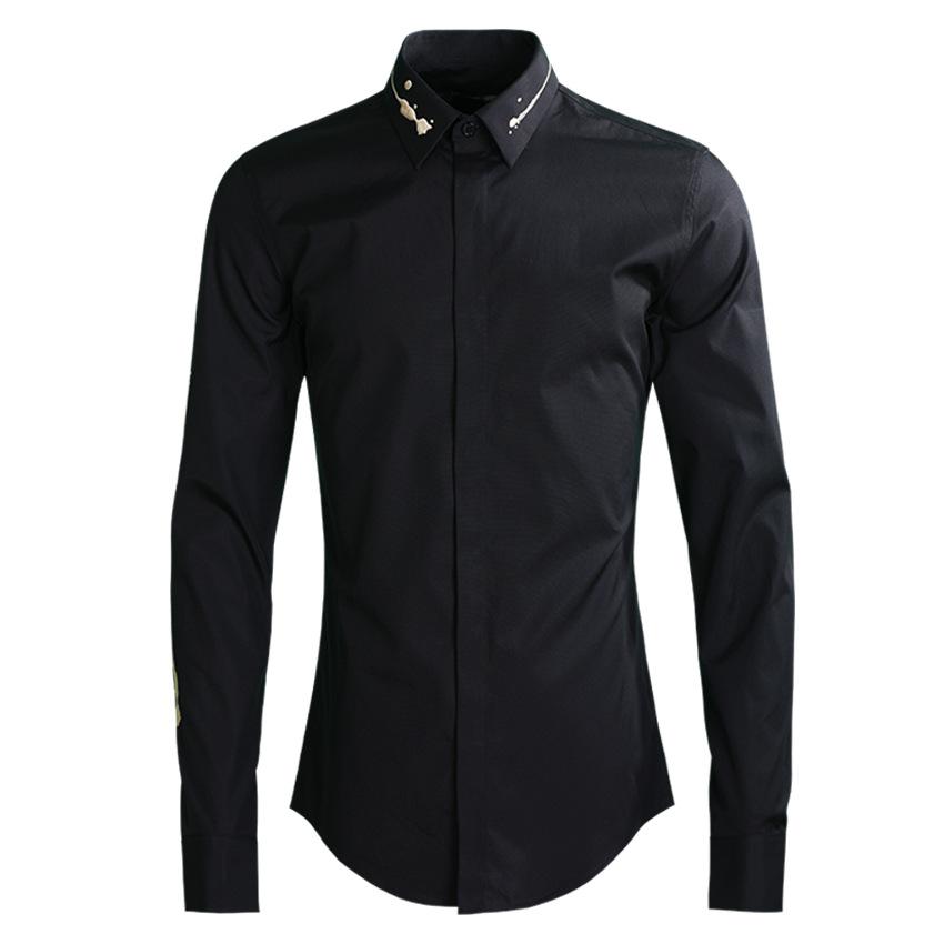 Minglu herre skjorte luksus broderi krage lange ermer herre skjorter fashon uformelt slank passe parti herre kjole skjorter pluss størrelse 4xl: Svart / Xxxl
