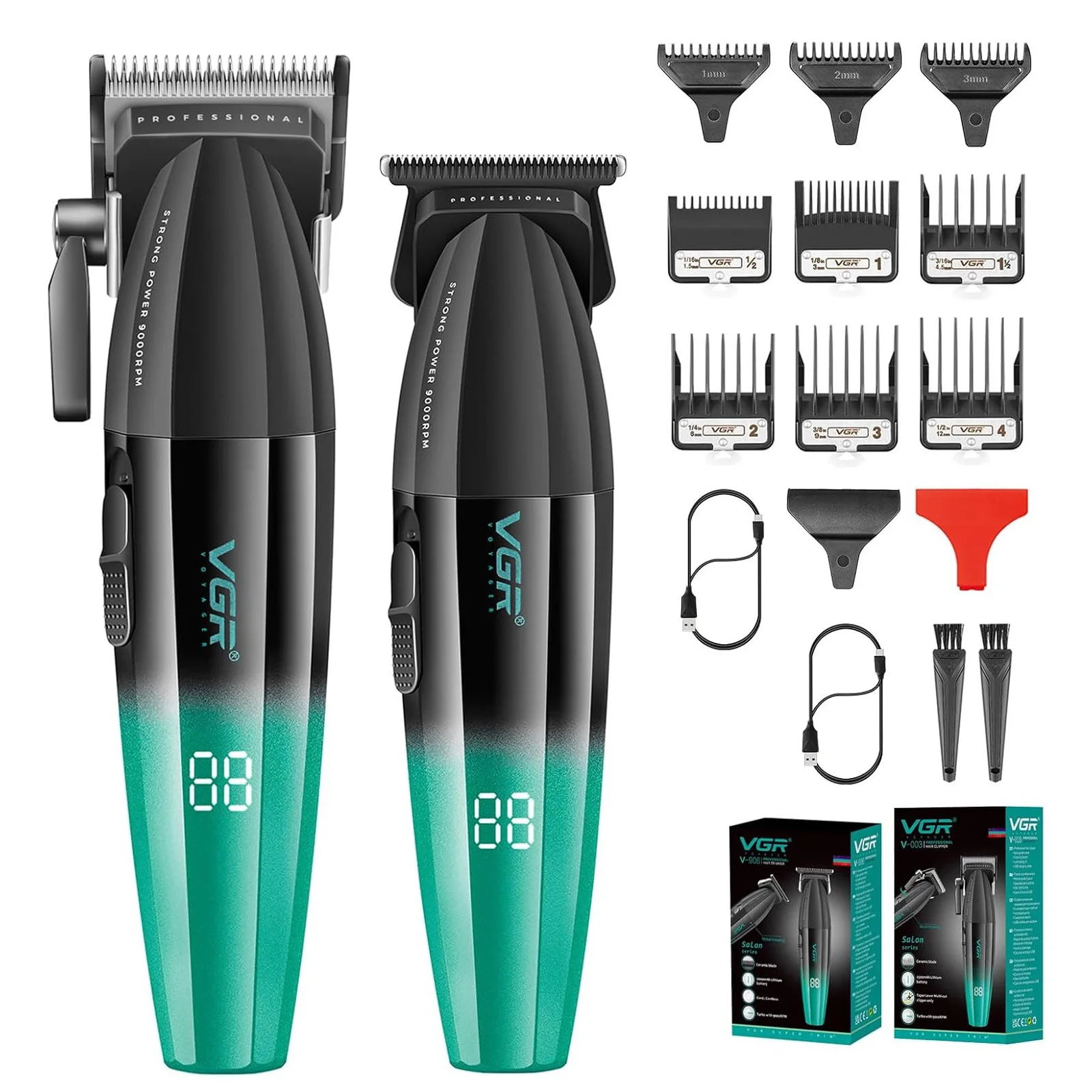 Vgr 003 906 profissional fade máquina de cortar cabelo sem fio aparadores para homens conjunto carga usb display led kit corte cabelo