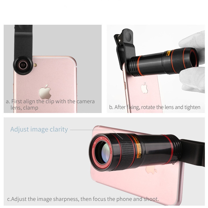 HD 12X Telescope Zoom Mobile Phone Lens Long Focus Monocular for iPhone Samsung LG Smartphones Universal Clip Phone Camera Lens