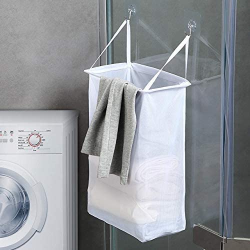 Mesh Hanging Laundry Hamper Bag,Over The Door Closet Organizer Hanging Clothes Basket Folding Collapsible Door Hook with Handles
