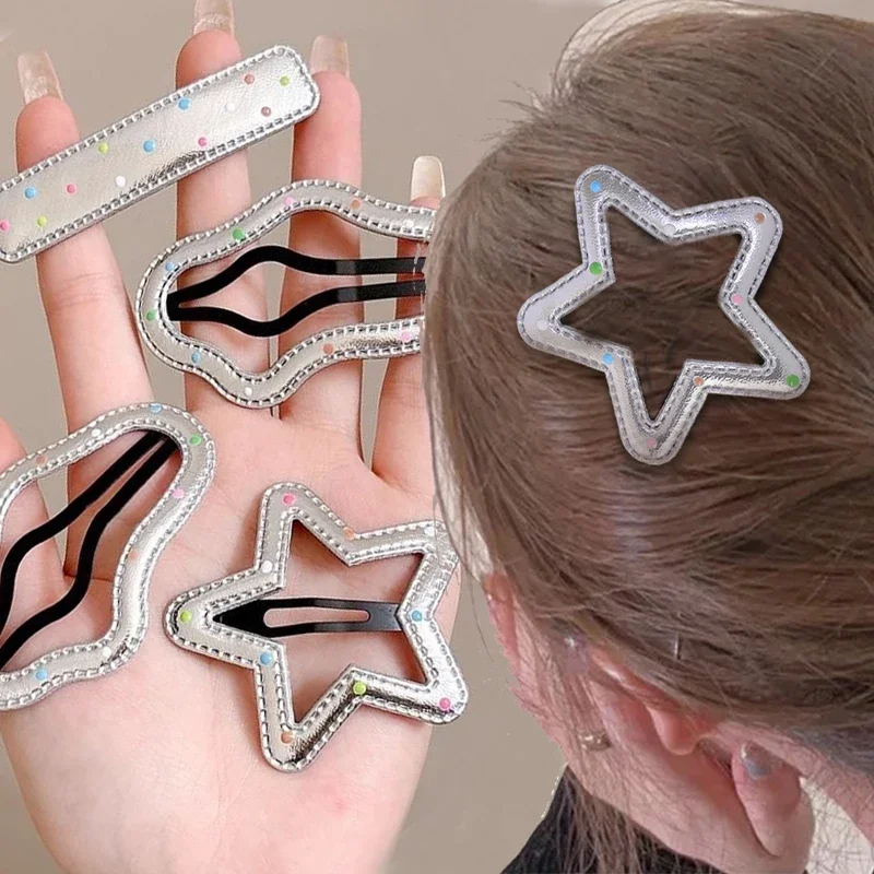 Horquillas plateadas de PU Y2K, pinzas para el cabello de varios estilos, estrellas BB, horquillas con Clip, pasador lateral bonito, accesorios para el cabello para mujer