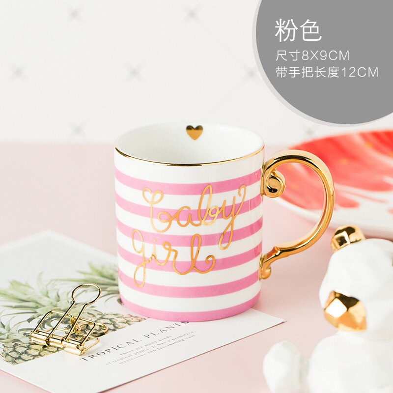 Tasse à café en porcelaine de 350ml, en céramique, couleurs grises, roses, Mr et Mrs, motif blanc, poignée dorée, tasses à thé et lait,: J Style