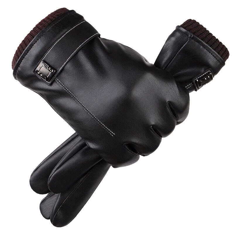 Læderhandsker mænds vinterhandsker berøringsskærm vindtæt holder varmen kørende guantes mandlige efterår og vinter læderhandsker sort: Sort