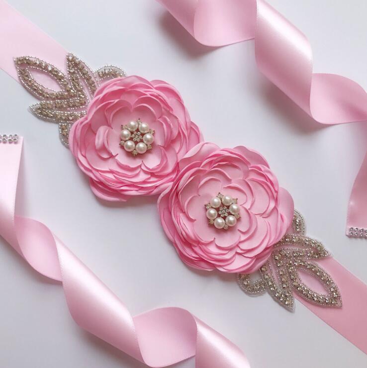 Vintage sidenband 270cm långa bälten stora blommor glänsande löv strass kvinna skärp bälten bröllop brudtillbehör: Rosa