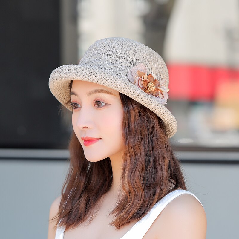 Sombreros de sol de verano para mujer y niña, sombrero de playa con flores, informal, de paja, domo plano, gorra de lavabo, hueso femenino,: Khaki
