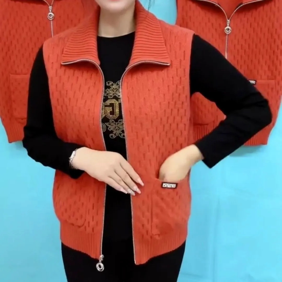 Morvest forår efterår revers strikket cardigan sweater frakke ensfarvet lynlås ærmeløs jakke damevest 5x