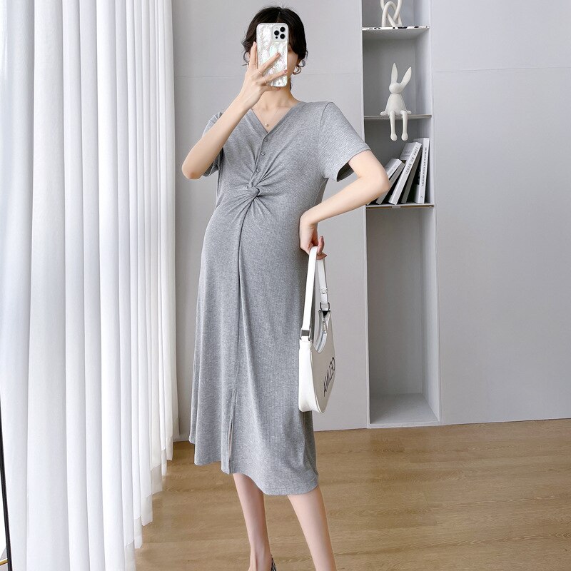 Maternity knitted Blue Short Sleeve Dresses Pregnant Women Clothes Pregnancy Dress Maternity Party Dress: gray / XL