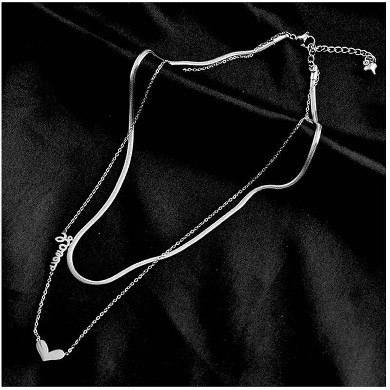 Titanium stål smykker 2 lag hjerte kærlighed choker slange halskæde dejligt til kvinder pige: Stålfarve