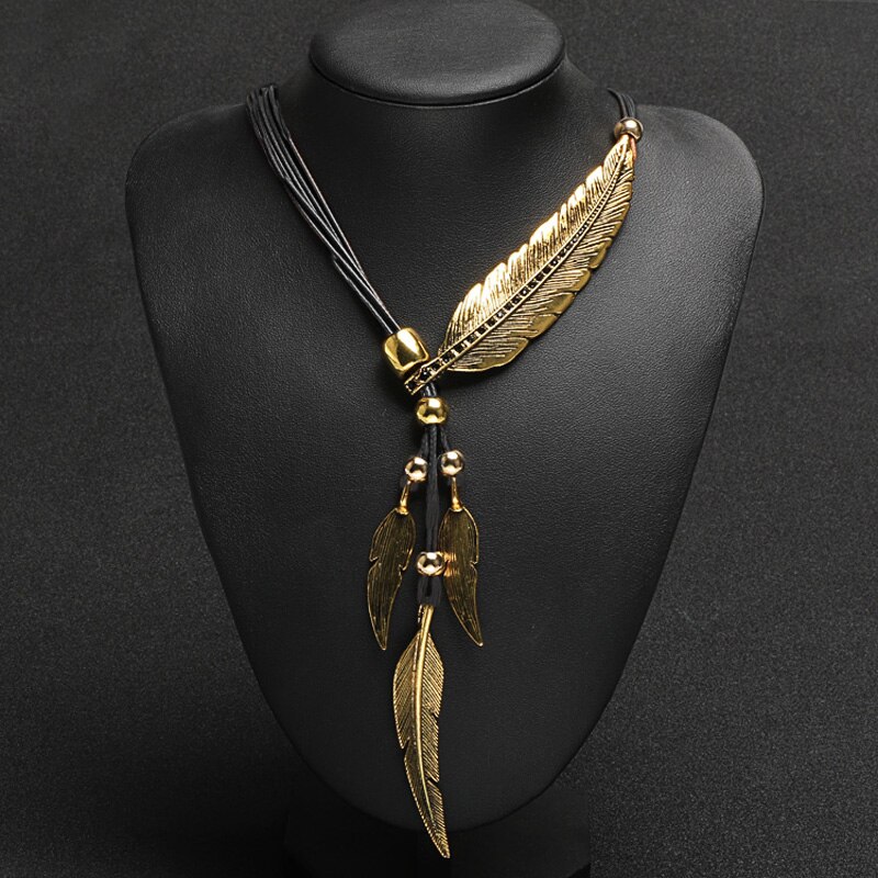Boheme stil reb kæde blad fjer mønster vedhæng til kvinder fine smykker collares erklæring halskæde eig 88: Sort og gylden