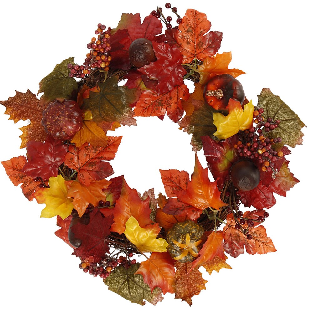 45cm Autumn Maple Leaves Leaf & Pumpkin Wreath Door Wreath Artificial Pumpkin Berries Pine Cone Maple Manmade Garland: Fluorescence Yellow