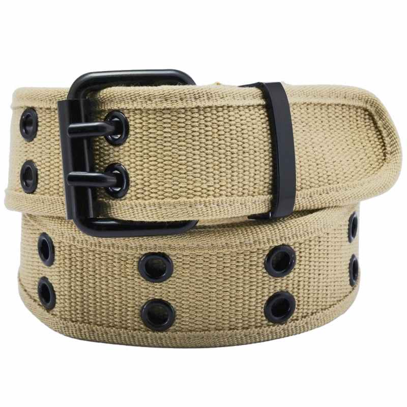 Canvas Web Belts for Men Women,Double Grommet Hole Buckle Belt: Khaki
