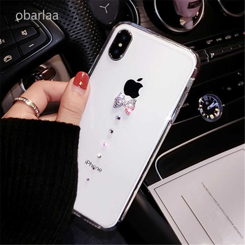 Für iPhone 6 6 S 7 8 Plus X XR XS MAX Luxus Glitter Frauen nette strass bogen transparent weichen telefon fall Weichen Gummi Zurück abdeckung