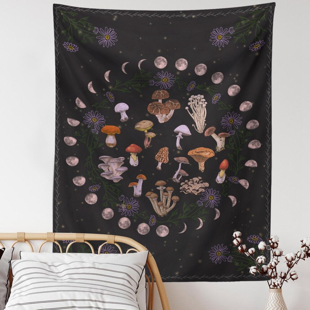 Botanisk kaktus gobelin væghængende måne stjerneklar svampekort hippie boheme gobeliner psykedelisk hekseri boligindretning