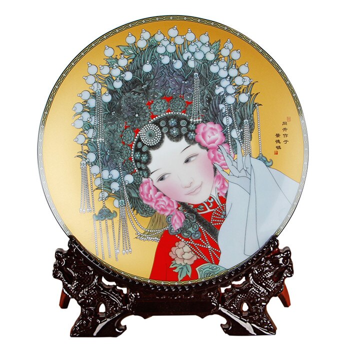 Chinese Peking Opera Figuur Plaat Decor Keramische Sier Chinese Decoratie Plaat Houten Basis Porselein Plaat Set Huwelijkscadeau: A